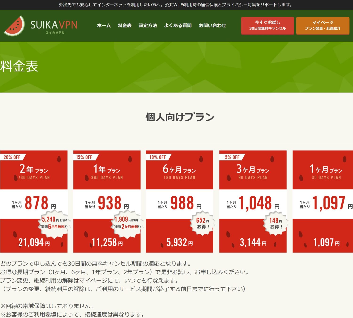 スイカVPN公式サイトの料金プラン一覧のキャプチャ
